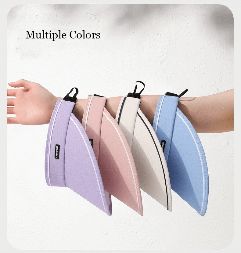 Multiple colors of adjustable foldable women's sun hats displayed on an arm, ideal for sun protection and easy storage.